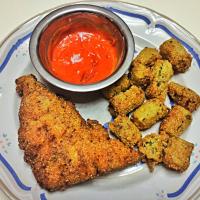 Buttermilk fried catfish and fried okra w/ homemade cocktail sauce.